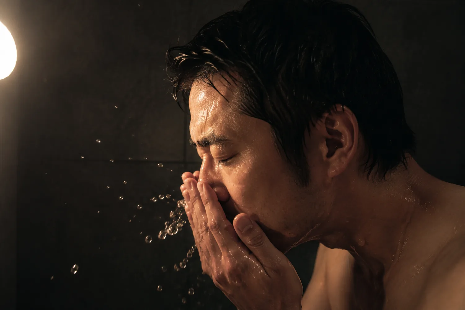 洗面所で顔に水をかける男性の横顔
