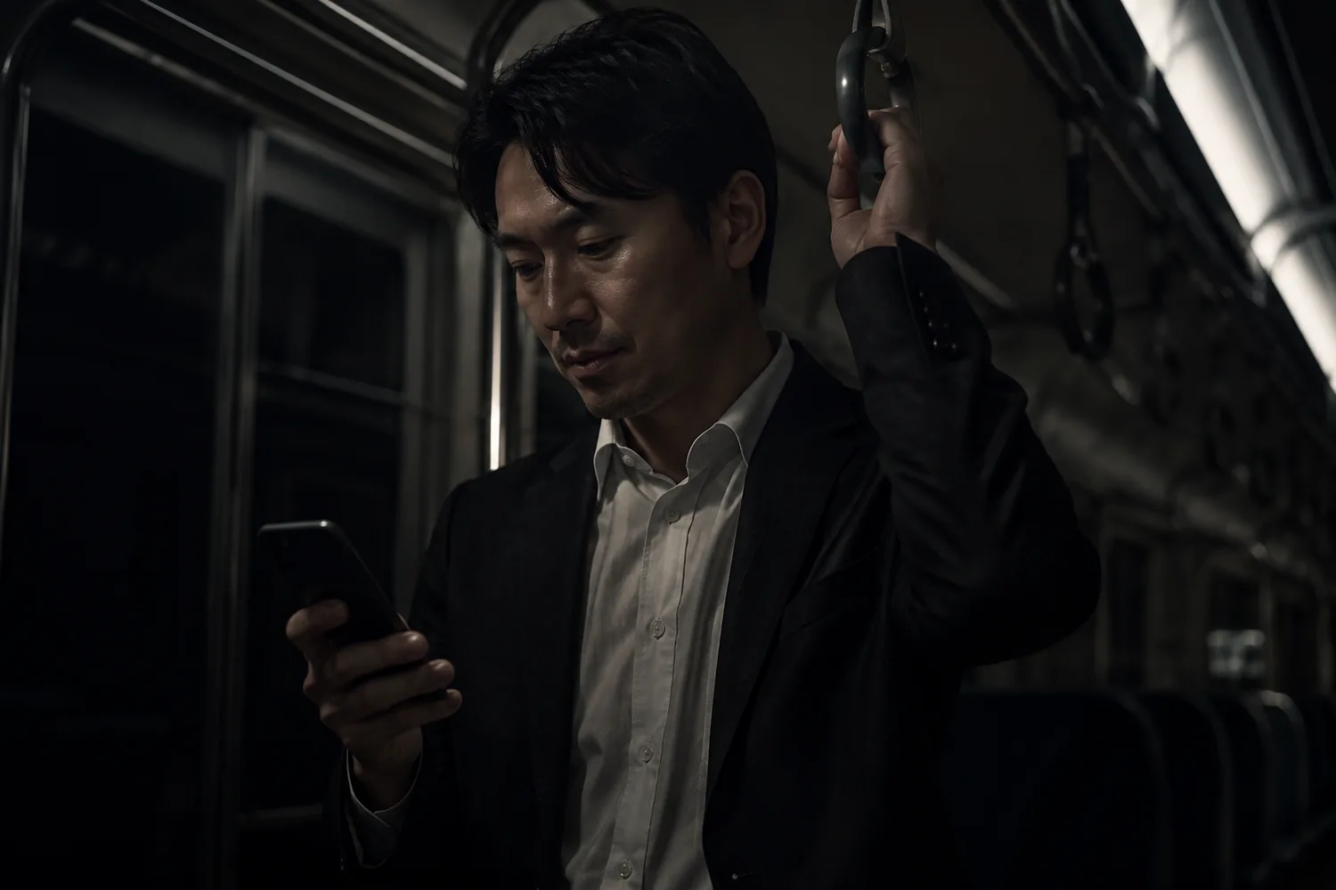 夜の電車でつり革を持ちスマートフォンを見る男性