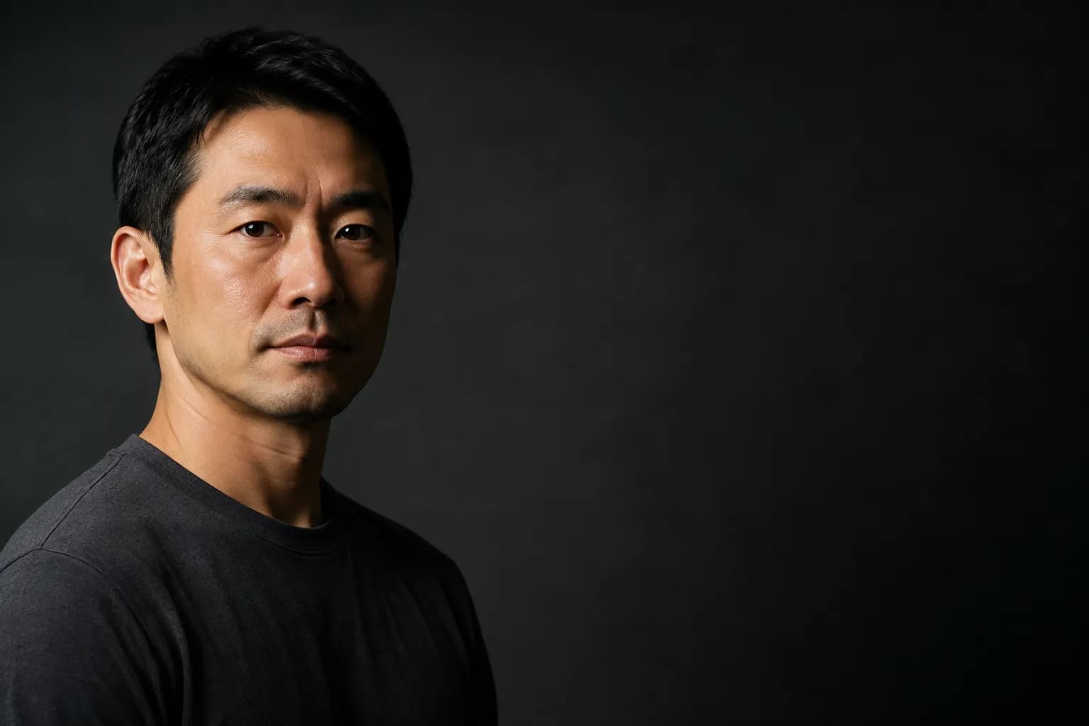 暗いスタジオで正面を向く30代の男性