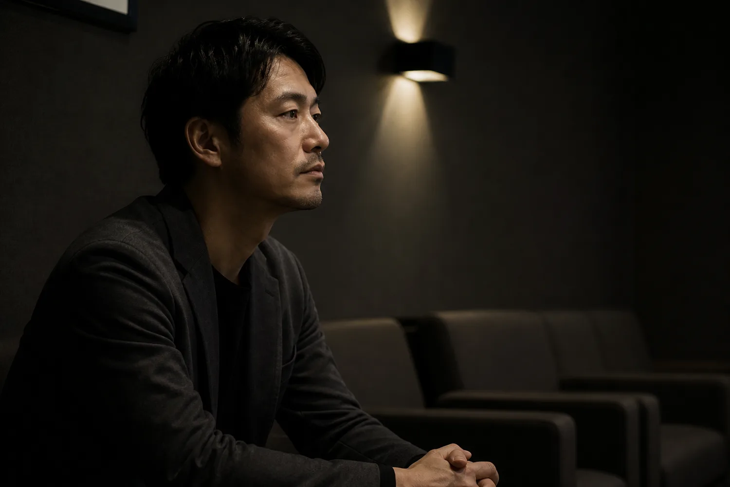 夜のクリニックの待合で静かに座る男性