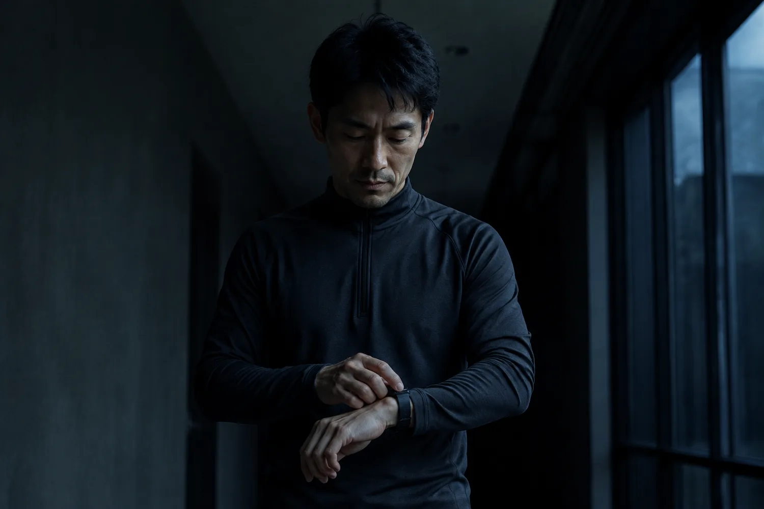 夜明けの廊下でランニング前に時計を留める男性