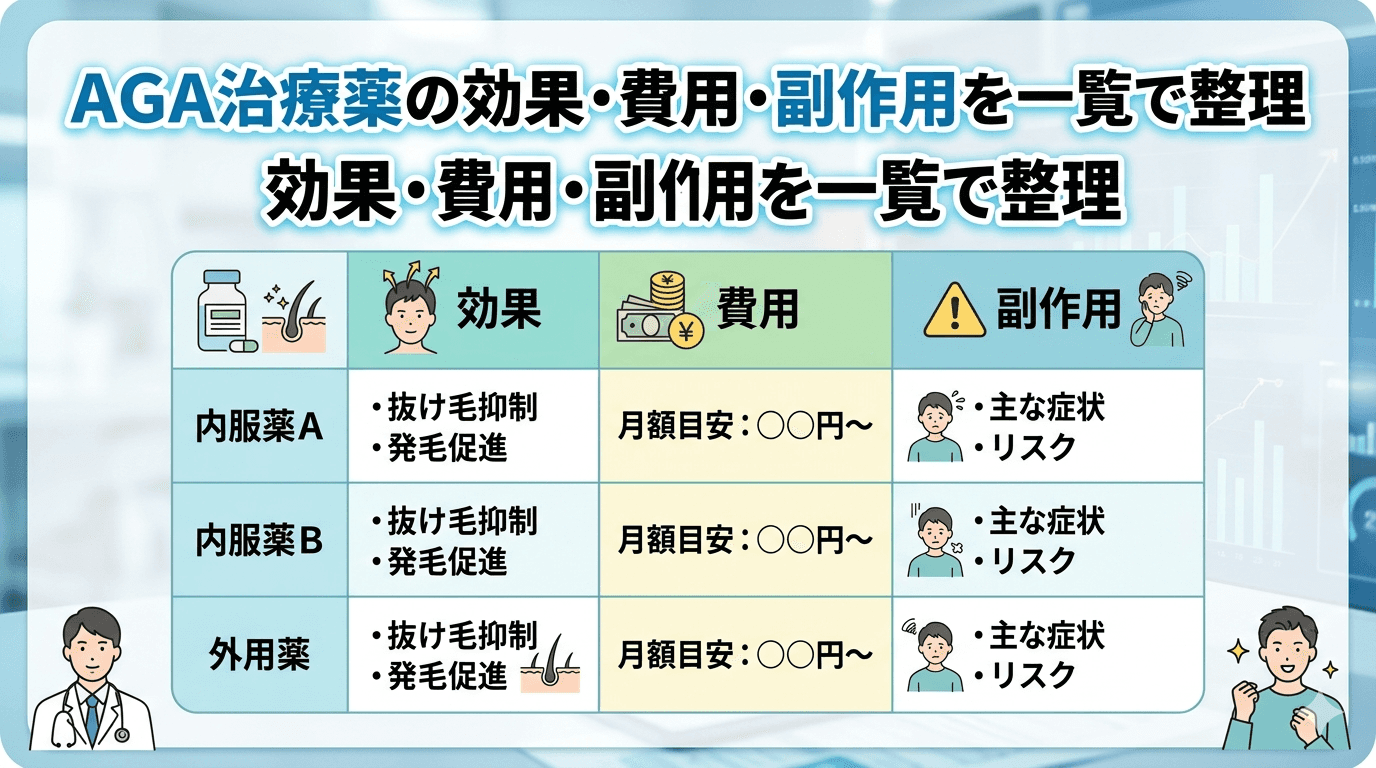 AGA治療薬の効果・費用・副作用を一覧で整理 のメインビジュアル